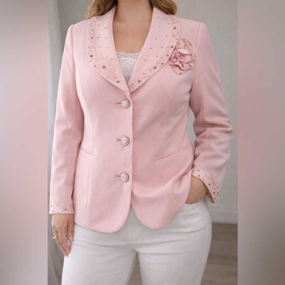 Moshita Couture Pink Embellished Blazer Lace Floral Size 16